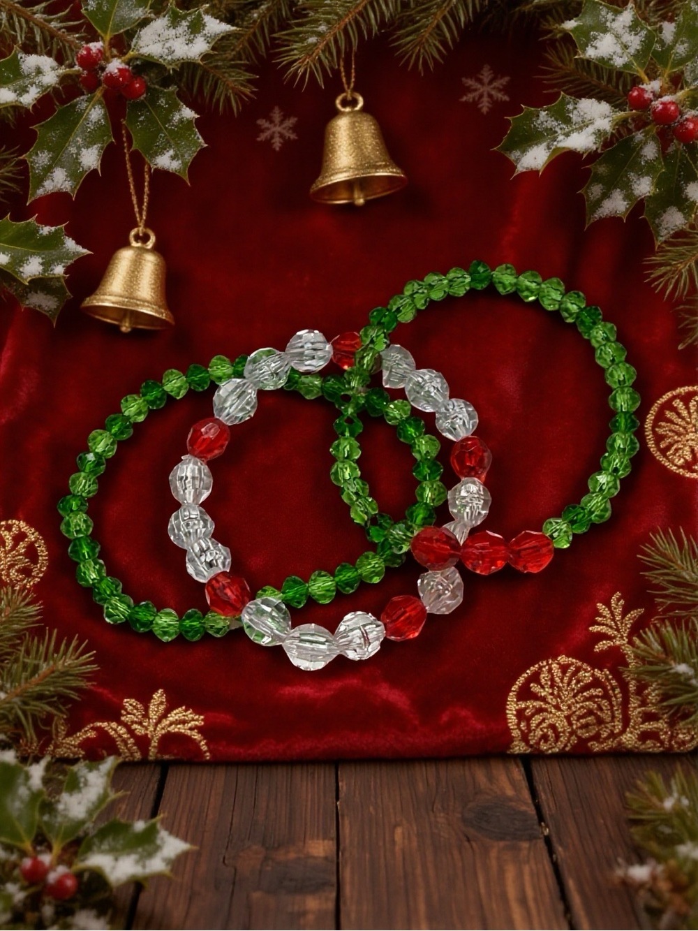 Hand Crafted Green, Red & Clear Beaded Stretch Bracelet Trio